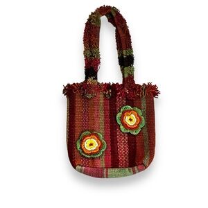 Inka Traditions Boho Purse Woven Stripes Crochet Flowers Shoulder Straps Wool